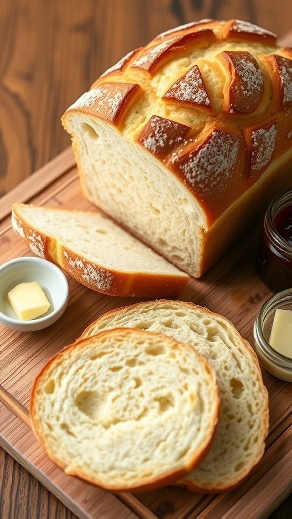 A golden-brown loaf of Sourdough Japanese Milk Bread sliced to show its fluffy texture, with butter and jam on a cutting board.